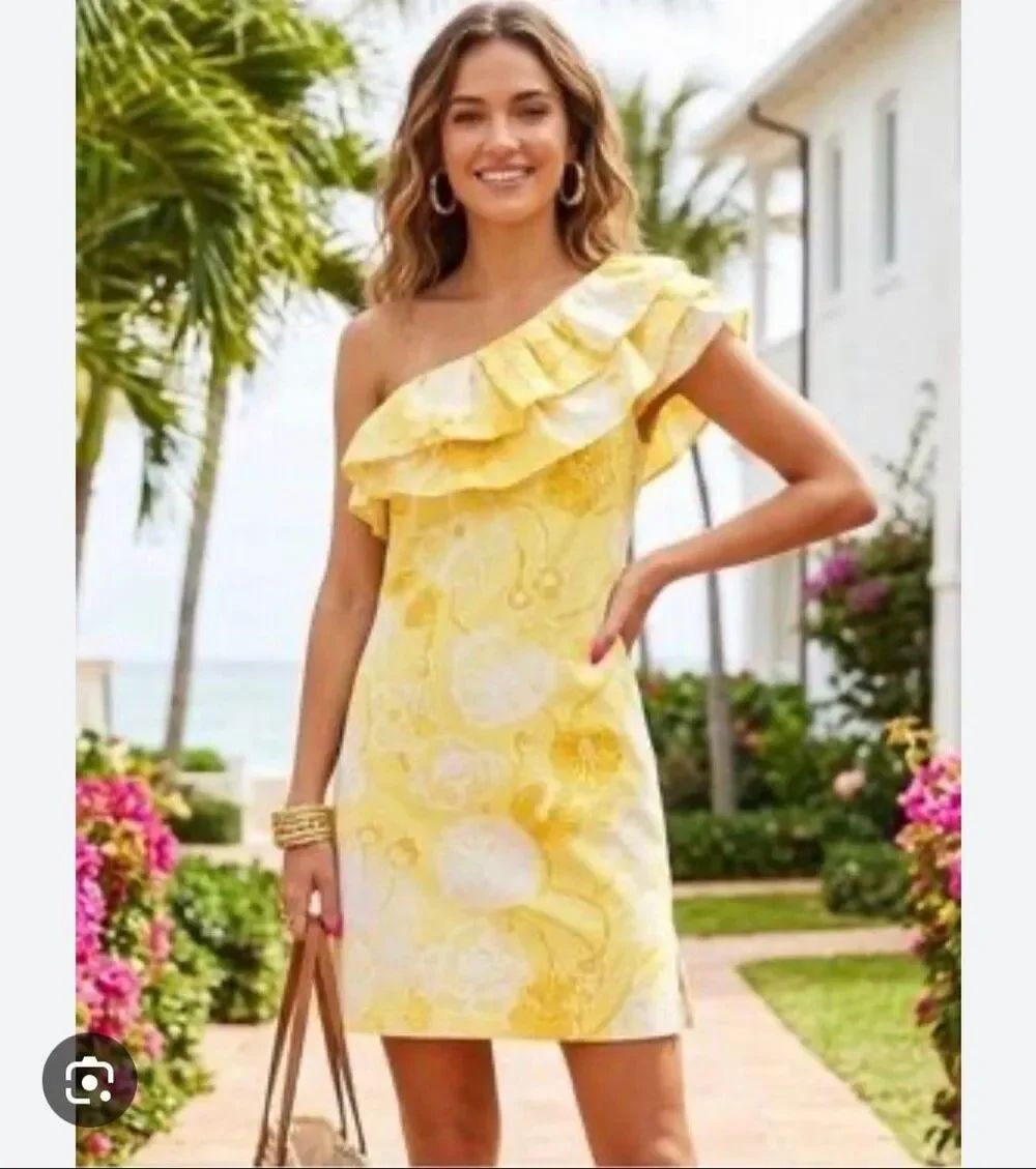 Lilly Pulitzer Yellow Floral One Shoulder Ruffle Shift Dress Size 6 Cotton